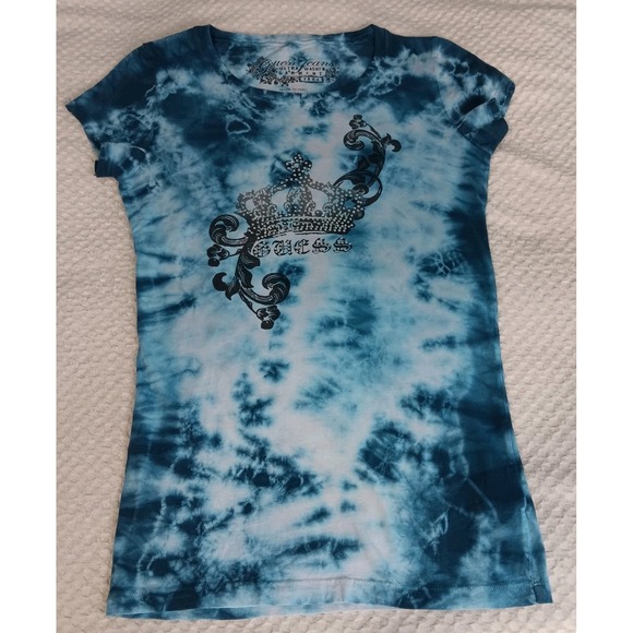 Guess Rhinestone Bling Blue Tie Dye Slim Fit Graphic Baby Tee Retro 90s Y2K Sz M - Picture 1 of 10